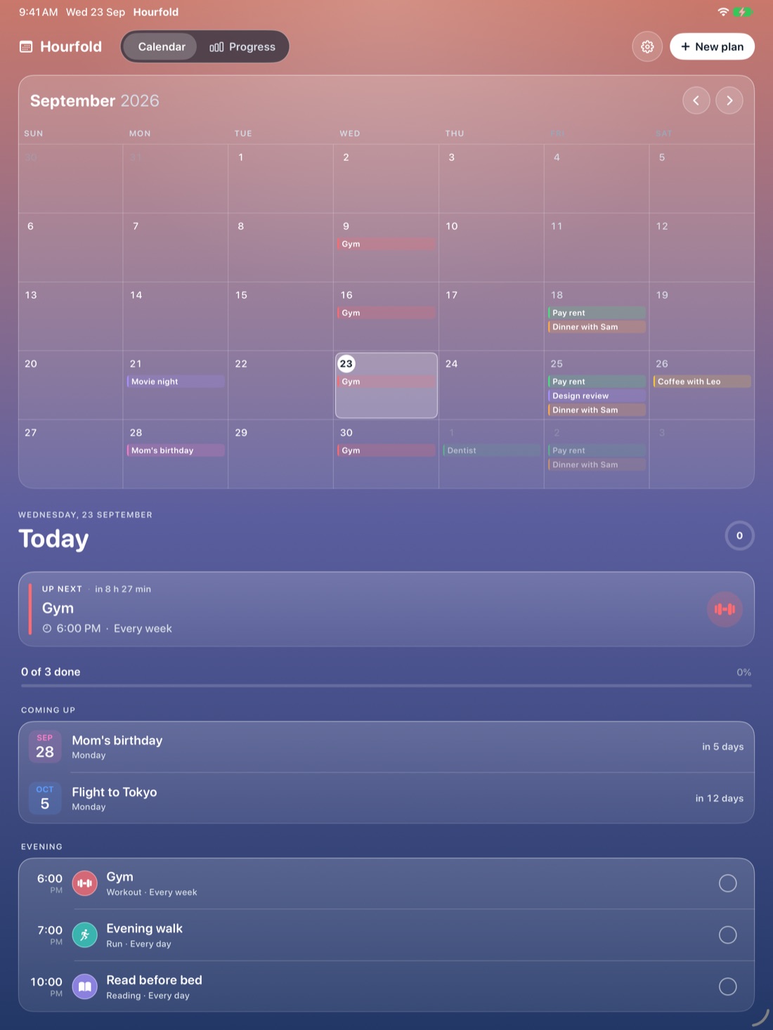 Hourfold on iPad in the Glass style
