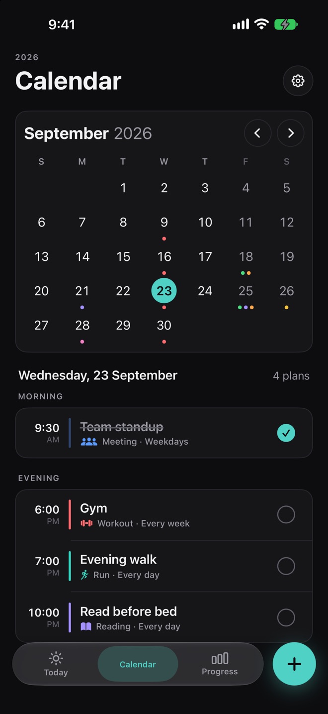 Hourfold month calendar in Studio dark with a teal accent